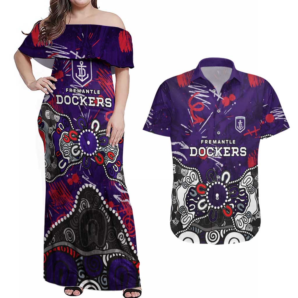 Personalized Fremantle Dockers Couples Matching Off Shoulder Maxi Dress and Hawaiian Shirt Aboriginal Dot Painting Graffiti Style