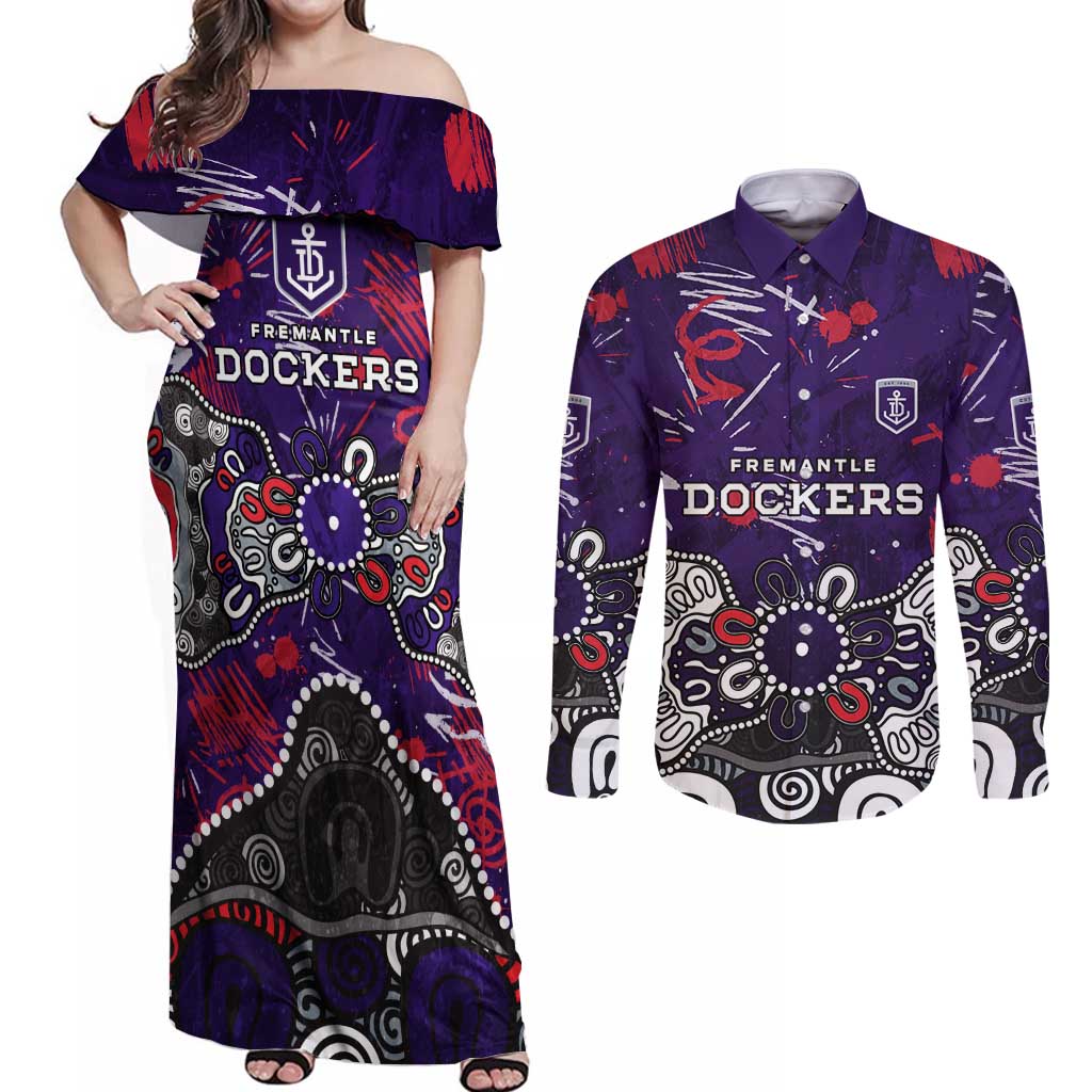 Personalized Fremantle Dockers Couples Matching Off Shoulder Maxi Dress and Long Sleeve Button Shirt Aboriginal Dot Painting Graffiti Style