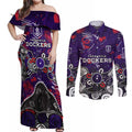 Personalized Fremantle Dockers Couples Matching Off Shoulder Maxi Dress and Long Sleeve Button Shirt Aboriginal Dot Painting Graffiti Style