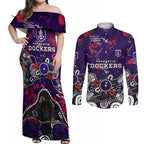 Personalized Fremantle Dockers Couples Matching Off Shoulder Maxi Dress and Long Sleeve Button Shirt Aboriginal Dot Painting Graffiti Style