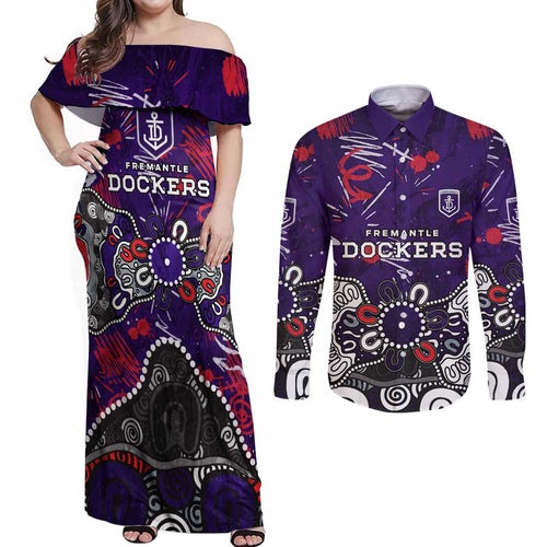 Personalized Fremantle Dockers Couples Matching Off Shoulder Maxi Dress and Long Sleeve Button Shirt Aboriginal Dot Painting Graffiti Style
