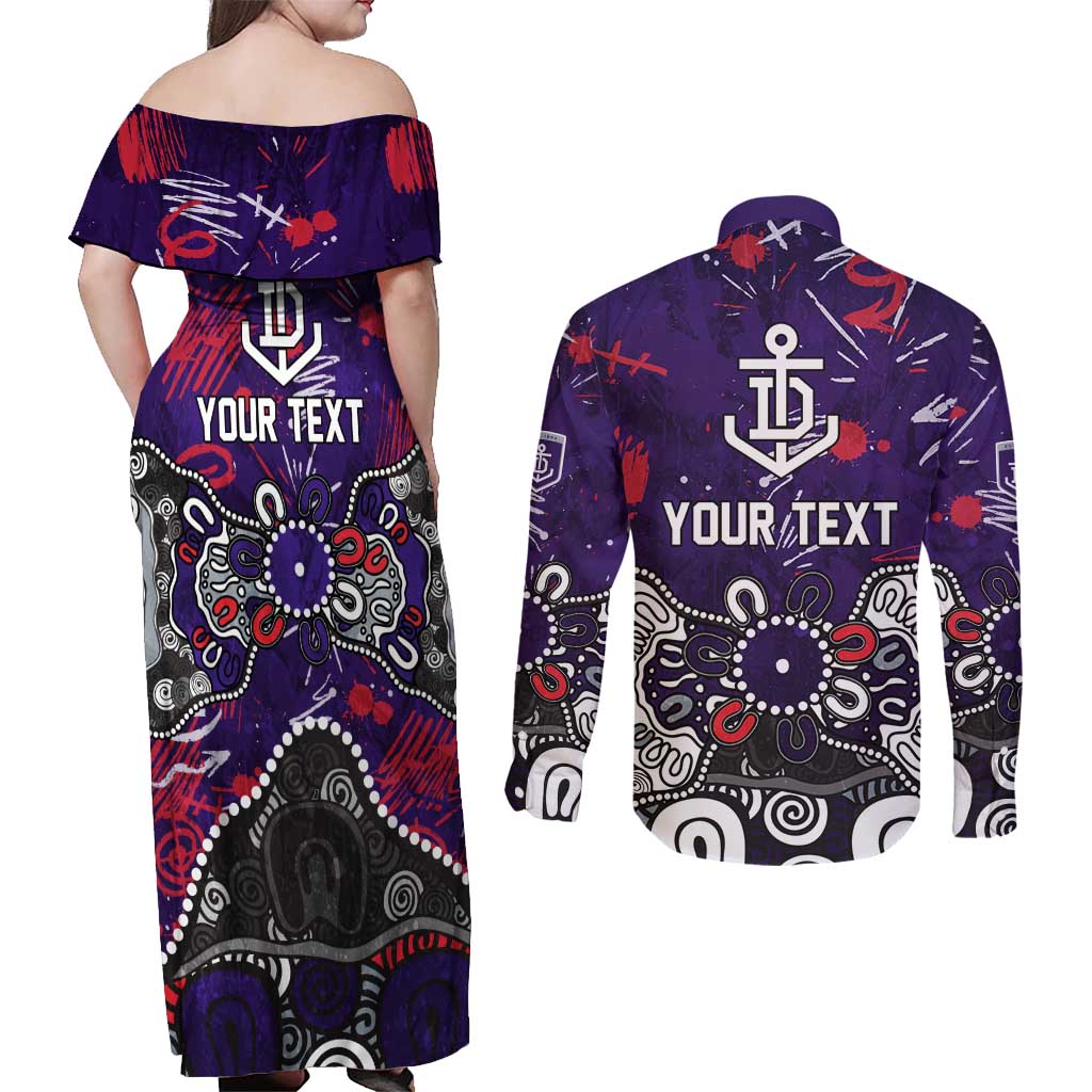 Personalized Fremantle Dockers Couples Matching Off Shoulder Maxi Dress and Long Sleeve Button Shirt Aboriginal Dot Painting Graffiti Style