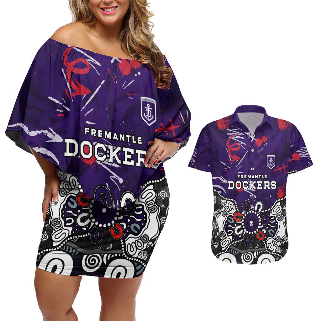 Personalized Fremantle Dockers Couples Matching Off Shoulder Short Dress and Hawaiian Shirt Aboriginal Dot Painting Graffiti Style