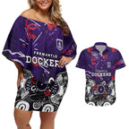 Personalized Fremantle Dockers Couples Matching Off Shoulder Short Dress and Hawaiian Shirt Aboriginal Dot Painting Graffiti Style