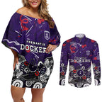 Personalized Fremantle Dockers Couples Matching Off Shoulder Short Dress and Long Sleeve Button Shirt Aboriginal Dot Painting Graffiti Style