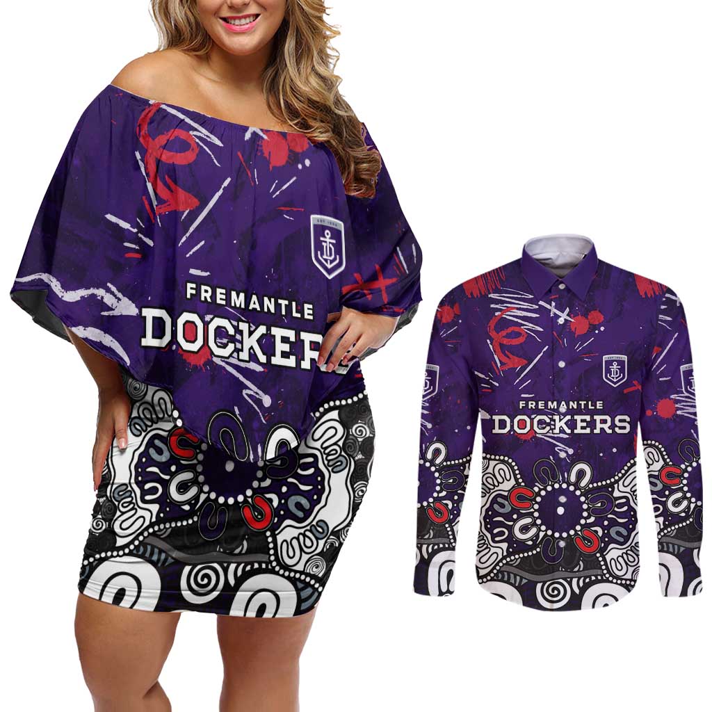 Personalized Fremantle Dockers Couples Matching Off Shoulder Short Dress and Long Sleeve Button Shirt Aboriginal Dot Painting Graffiti Style