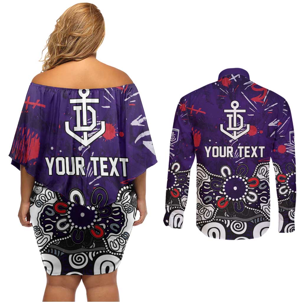 Personalized Fremantle Dockers Couples Matching Off Shoulder Short Dress and Long Sleeve Button Shirt Aboriginal Dot Painting Graffiti Style