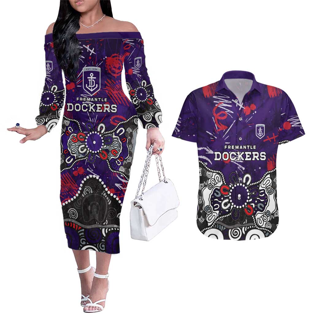 Personalized Fremantle Dockers Couples Matching Off The Shoulder Long Sleeve Dress and Hawaiian Shirt Aboriginal Dot Painting Graffiti Style