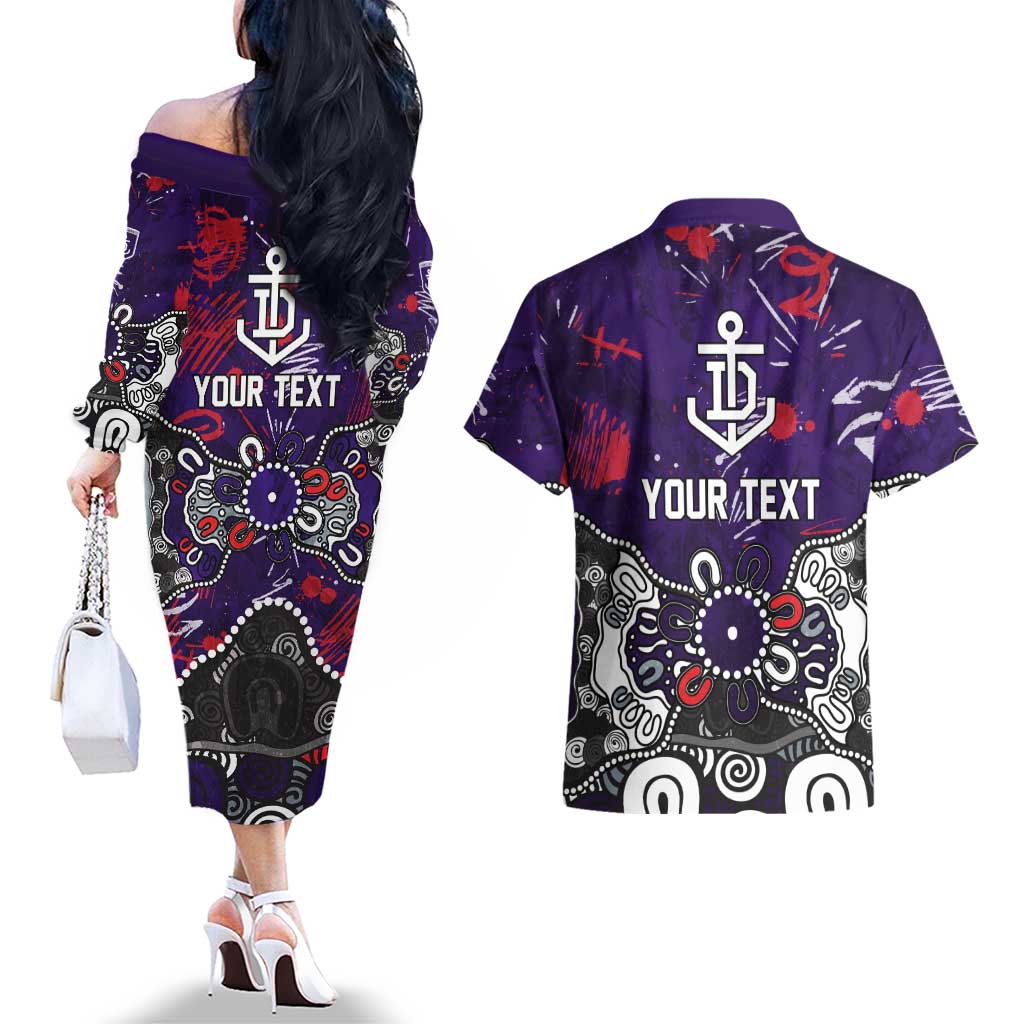 Personalized Fremantle Dockers Couples Matching Off The Shoulder Long Sleeve Dress and Hawaiian Shirt Aboriginal Dot Painting Graffiti Style