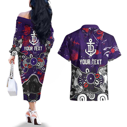 Personalized Fremantle Dockers Couples Matching Off The Shoulder Long Sleeve Dress and Hawaiian Shirt Aboriginal Dot Painting Graffiti Style