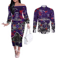 Personalized Fremantle Dockers Couples Matching Off The Shoulder Long Sleeve Dress and Long Sleeve Button Shirt Aboriginal Dot Painting Graffiti Style