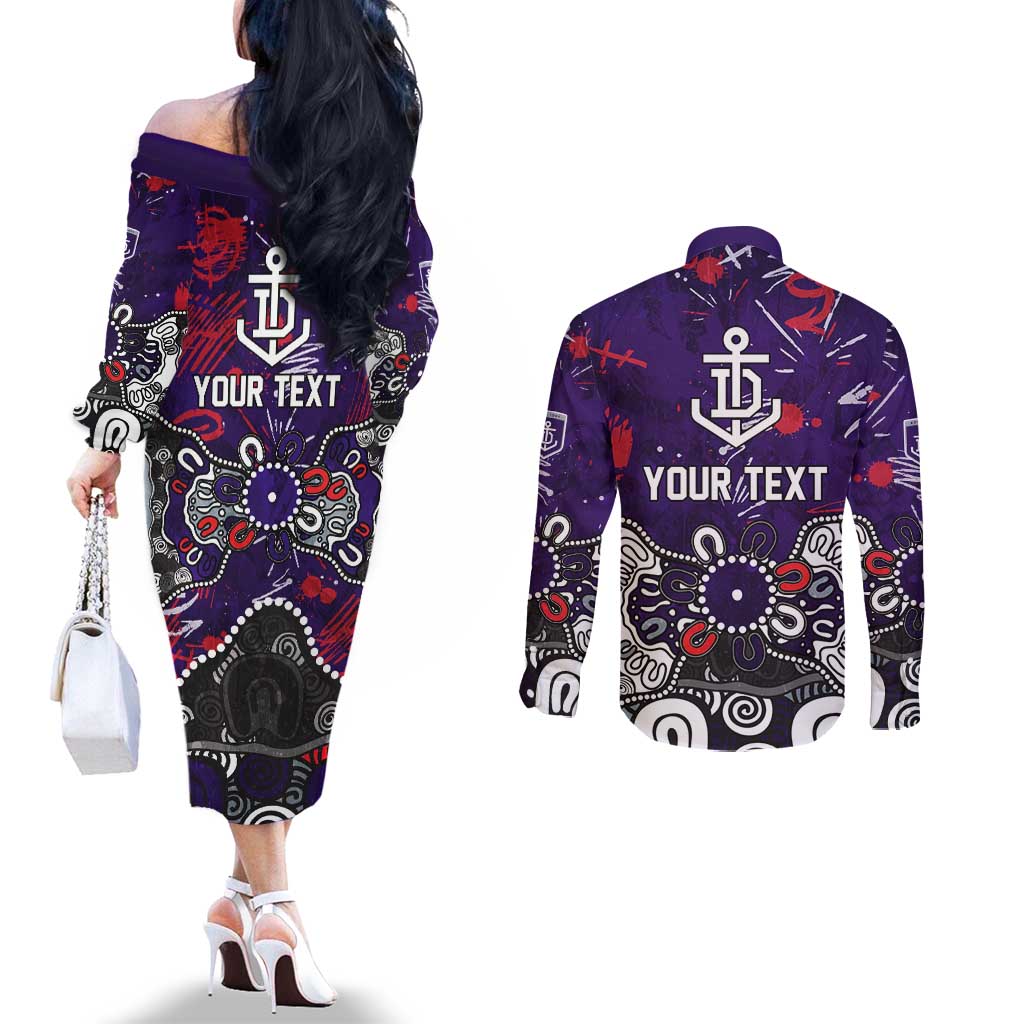 Personalized Fremantle Dockers Couples Matching Off The Shoulder Long Sleeve Dress and Long Sleeve Button Shirt Aboriginal Dot Painting Graffiti Style