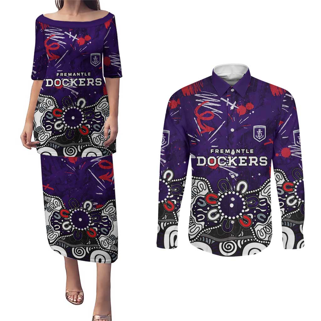 Personalized Fremantle Dockers Couples Matching Puletasi and Long Sleeve Button Shirt Aboriginal Dot Painting Graffiti Style