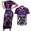 Personalized Fremantle Dockers Couples Matching Short Sleeve Bodycon Dress and Hawaiian Shirt Aboriginal Dot Painting Graffiti Style