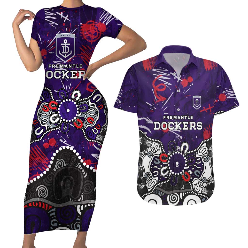 Personalized Fremantle Dockers Couples Matching Short Sleeve Bodycon Dress and Hawaiian Shirt Aboriginal Dot Painting Graffiti Style
