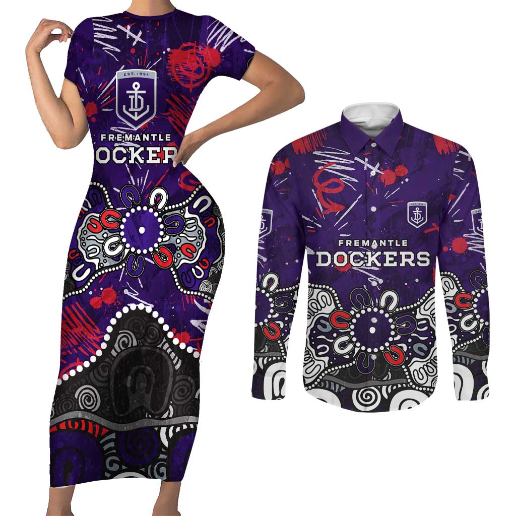 Personalized Fremantle Dockers Couples Matching Short Sleeve Bodycon Dress and Long Sleeve Button Shirt Aboriginal Dot Painting Graffiti Style