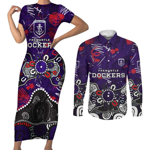 Personalized Fremantle Dockers Couples Matching Short Sleeve Bodycon Dress and Long Sleeve Button Shirt Aboriginal Dot Painting Graffiti Style
