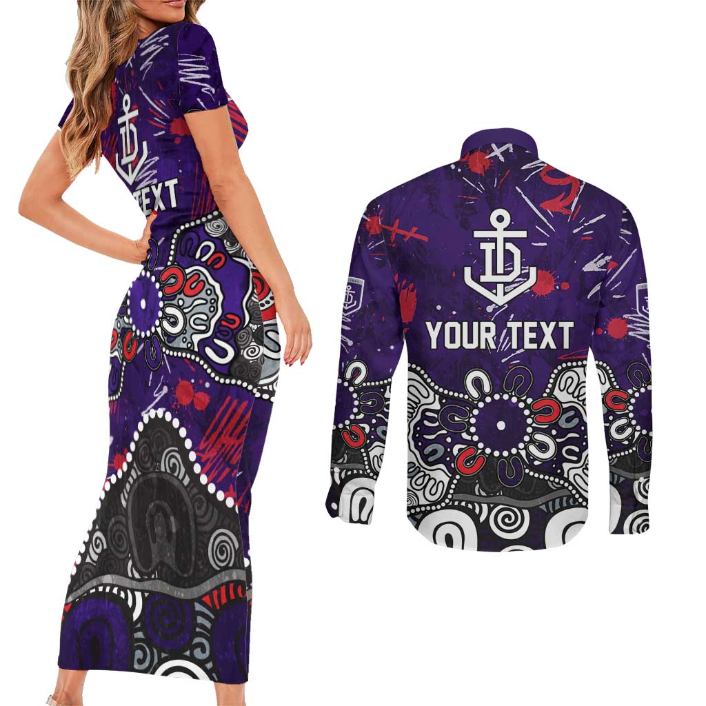 Personalized Fremantle Dockers Couples Matching Short Sleeve Bodycon Dress and Long Sleeve Button Shirt Aboriginal Dot Painting Graffiti Style