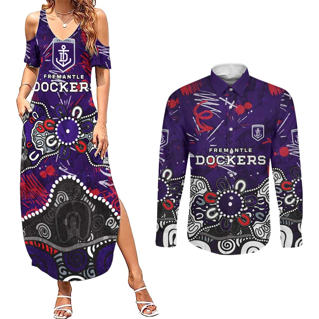 Personalized Fremantle Dockers Couples Matching Summer Maxi Dress and Long Sleeve Button Shirt Aboriginal Dot Painting Graffiti Style