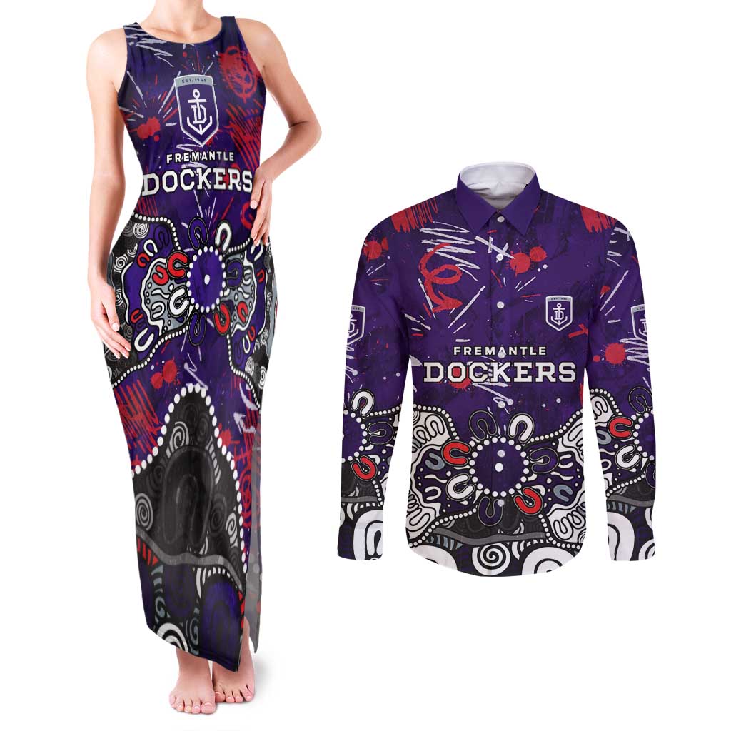 Personalized Fremantle Dockers Couples Matching Tank Maxi Dress and Long Sleeve Button Shirt Aboriginal Dot Painting Graffiti Style