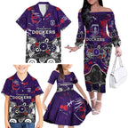 Personalized Fremantle Dockers Family Matching Off The Shoulder Long Sleeve Dress and Hawaiian Shirt Aboriginal Dot Painting Graffiti Style