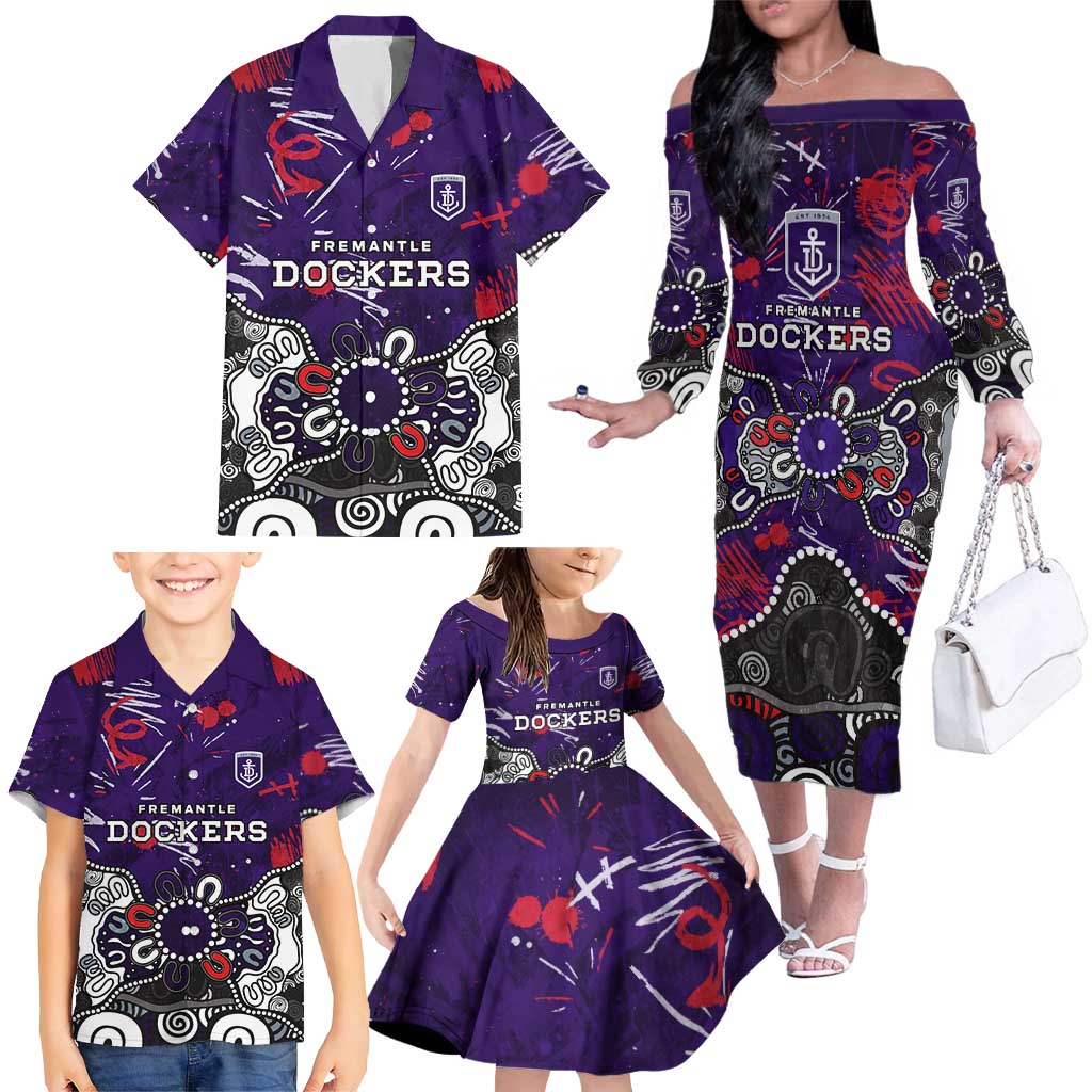Personalized Fremantle Dockers Family Matching Off The Shoulder Long Sleeve Dress and Hawaiian Shirt Aboriginal Dot Painting Graffiti Style