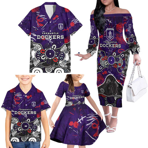 Personalized Fremantle Dockers Family Matching Off The Shoulder Long Sleeve Dress and Hawaiian Shirt Aboriginal Dot Painting Graffiti Style