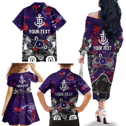 Personalized Fremantle Dockers Family Matching Off The Shoulder Long Sleeve Dress and Hawaiian Shirt Aboriginal Dot Painting Graffiti Style