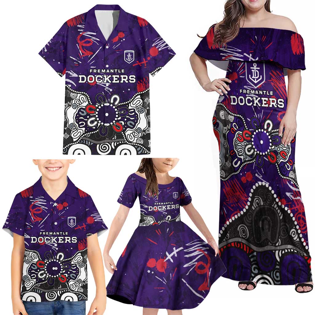 Personalized Fremantle Dockers Family Matching Off Shoulder Maxi Dress and Hawaiian Shirt Aboriginal Dot Painting Graffiti Style