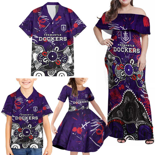 Personalized Fremantle Dockers Family Matching Off Shoulder Maxi Dress and Hawaiian Shirt Aboriginal Dot Painting Graffiti Style