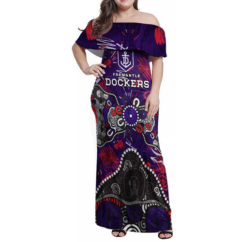 Personalized Fremantle Dockers Family Matching Off Shoulder Maxi Dress and Hawaiian Shirt Aboriginal Dot Painting Graffiti Style