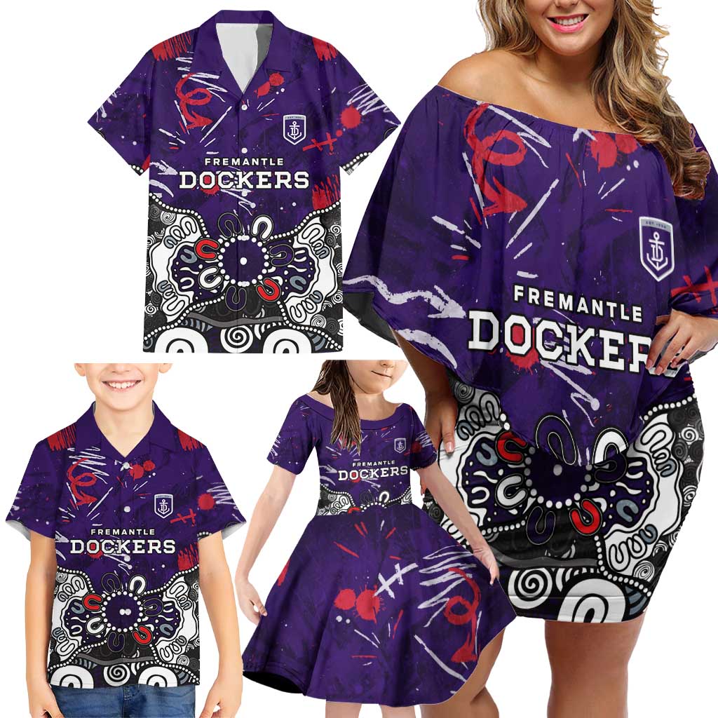 Personalized Fremantle Dockers Family Matching Off Shoulder Short Dress and Hawaiian Shirt Aboriginal Dot Painting Graffiti Style