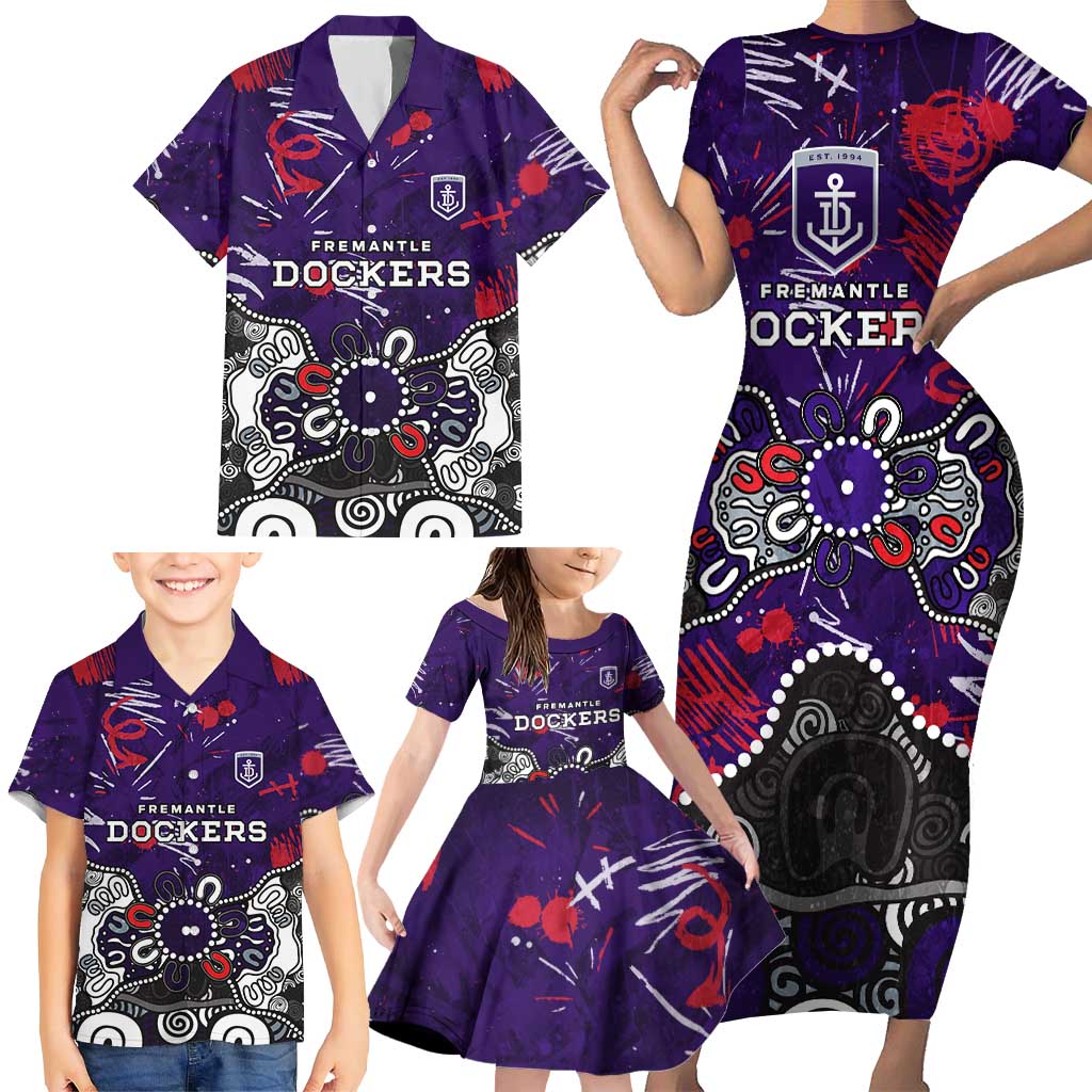 Personalized Fremantle Dockers Family Matching Short Sleeve Bodycon Dress and Hawaiian Shirt Aboriginal Dot Painting Graffiti Style
