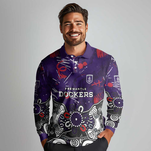 Personalized Fremantle Dockers Long Sleeve Polo Shirt Aboriginal Dot Painting Graffiti Style