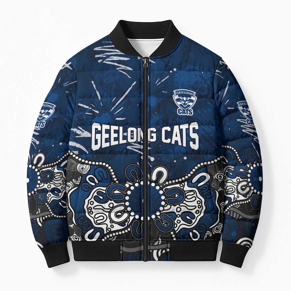 Personalized Geelong Cats Bomber Puffer Jacket Aboriginal Dot Painting Graffiti Style