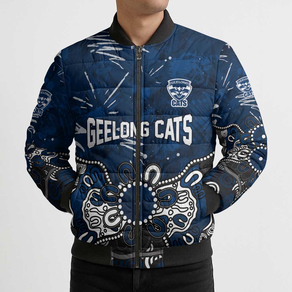Personalized Geelong Cats Bomber Puffer Jacket Aboriginal Dot Painting Graffiti Style