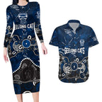 Personalized Geelong Cats Couples Matching Long Sleeve Bodycon Dress and Hawaiian Shirt Aboriginal Dot Painting Graffiti Style