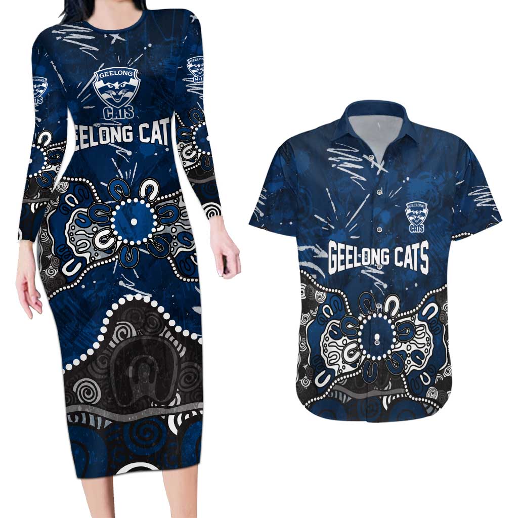 Personalized Geelong Cats Couples Matching Long Sleeve Bodycon Dress and Hawaiian Shirt Aboriginal Dot Painting Graffiti Style