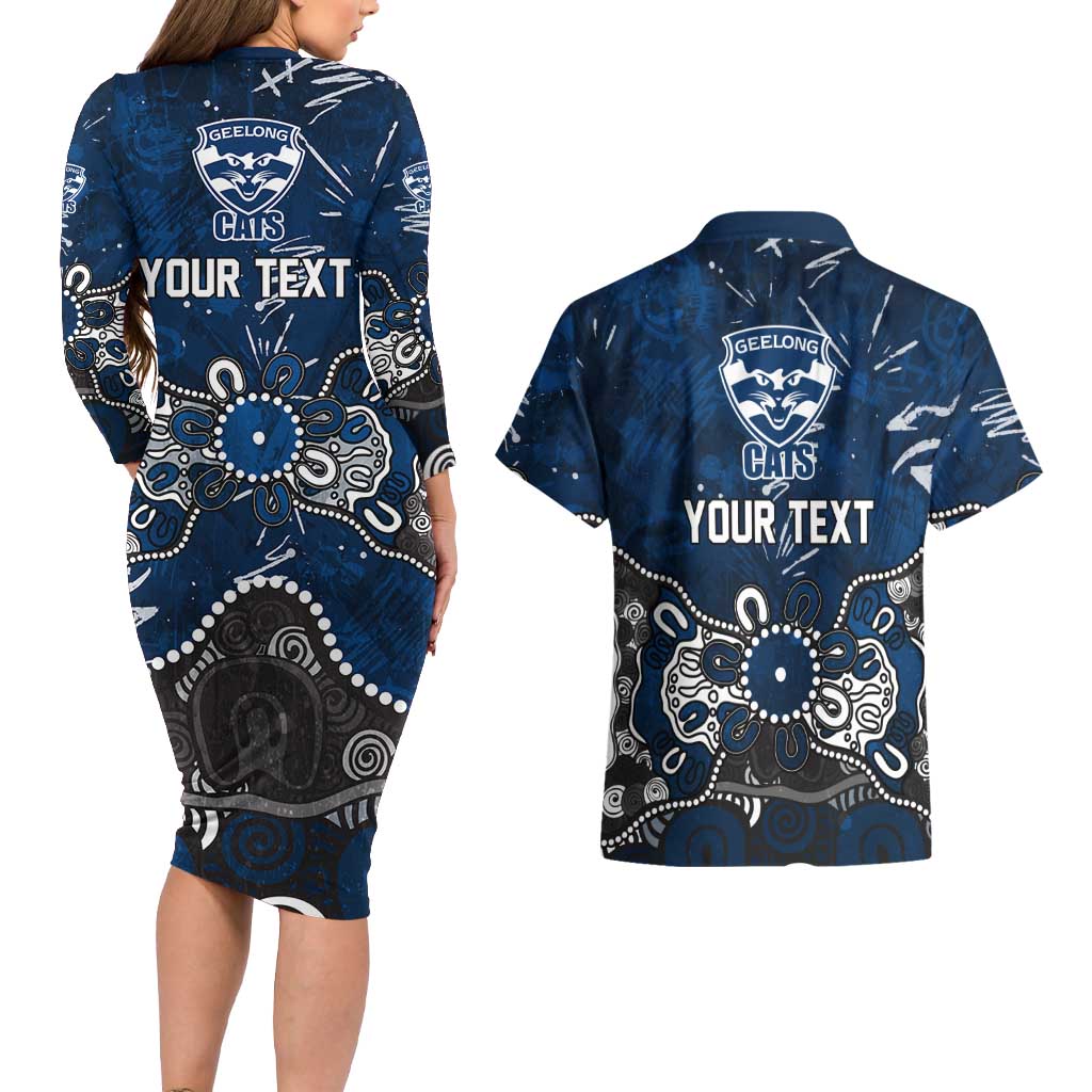 Personalized Geelong Cats Couples Matching Long Sleeve Bodycon Dress and Hawaiian Shirt Aboriginal Dot Painting Graffiti Style