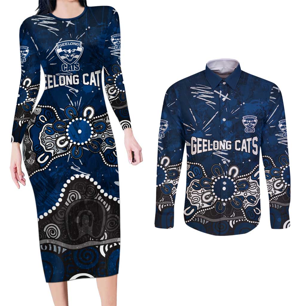 Personalized Geelong Cats Couples Matching Long Sleeve Bodycon Dress and Long Sleeve Button Shirt Aboriginal Dot Painting Graffiti Style