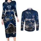 Personalized Geelong Cats Couples Matching Long Sleeve Bodycon Dress and Long Sleeve Button Shirt Aboriginal Dot Painting Graffiti Style