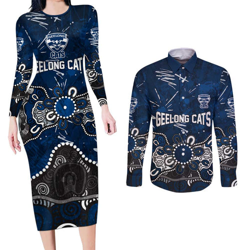 Personalized Geelong Cats Couples Matching Long Sleeve Bodycon Dress and Long Sleeve Button Shirt Aboriginal Dot Painting Graffiti Style