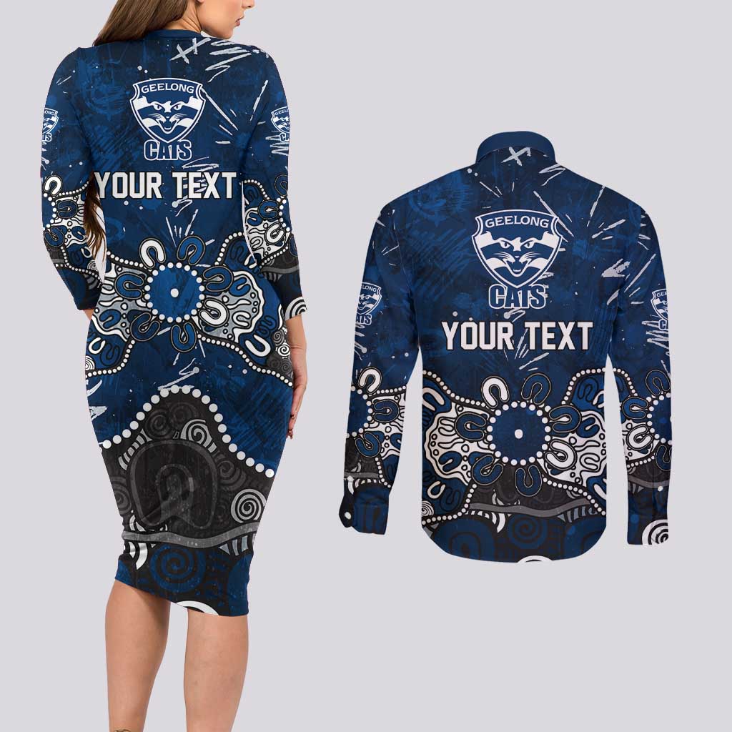 Personalized Geelong Cats Couples Matching Long Sleeve Bodycon Dress and Long Sleeve Button Shirt Aboriginal Dot Painting Graffiti Style