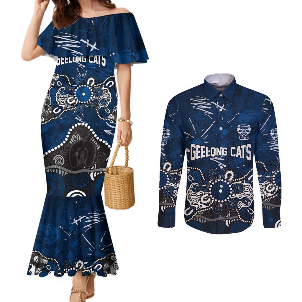 Personalized Geelong Cats Couples Matching Mermaid Dress and Long Sleeve Button Shirt Aboriginal Dot Painting Graffiti Style