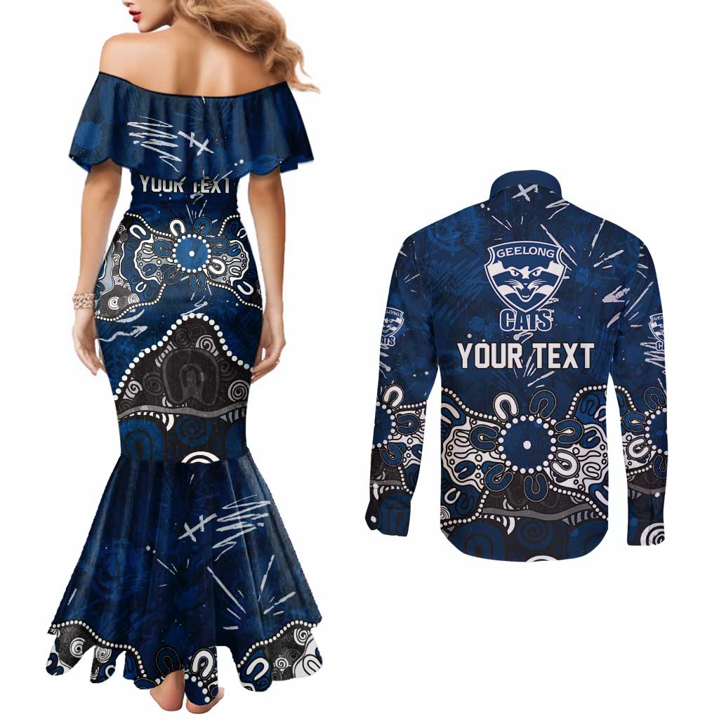 Personalized Geelong Cats Couples Matching Mermaid Dress and Long Sleeve Button Shirt Aboriginal Dot Painting Graffiti Style
