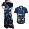 Personalized Geelong Cats Couples Matching Off Shoulder Maxi Dress and Hawaiian Shirt Aboriginal Dot Painting Graffiti Style