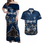 Personalized Geelong Cats Couples Matching Off Shoulder Maxi Dress and Hawaiian Shirt Aboriginal Dot Painting Graffiti Style