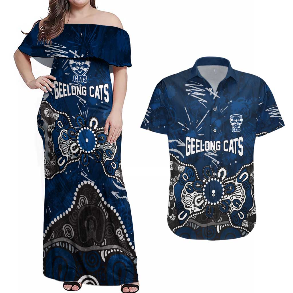 Personalized Geelong Cats Couples Matching Off Shoulder Maxi Dress and Hawaiian Shirt Aboriginal Dot Painting Graffiti Style