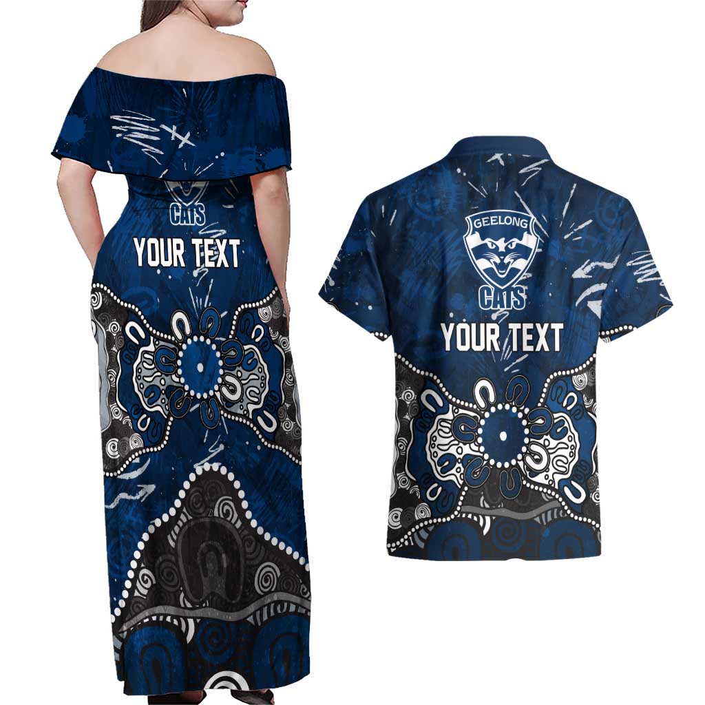 Personalized Geelong Cats Couples Matching Off Shoulder Maxi Dress and Hawaiian Shirt Aboriginal Dot Painting Graffiti Style