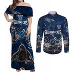 Personalized Geelong Cats Couples Matching Off Shoulder Maxi Dress and Long Sleeve Button Shirt Aboriginal Dot Painting Graffiti Style